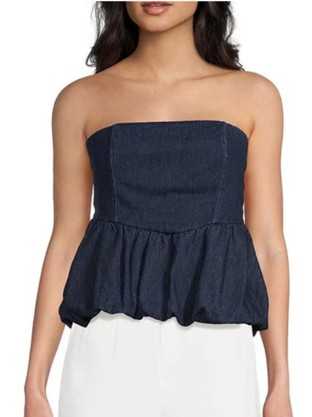 Strapless Denim Bubble Hem Peplum Top